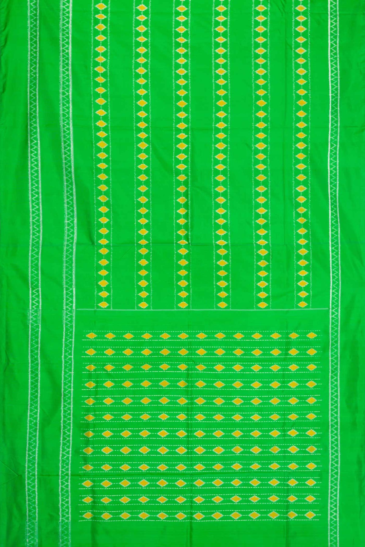 Flat view of Parrot Green Dual Tone Rajkot Patola Silk Saree with Ikat Print on the body and Ikat Border