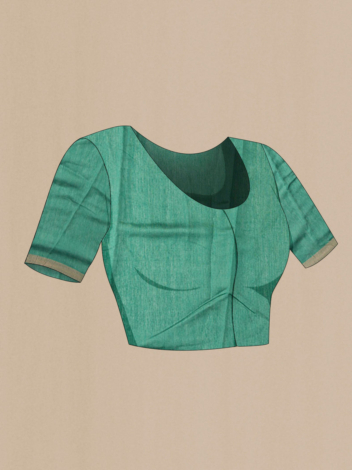 Close up image of the blouse of Green Tussar Silk Saree with Printed design on the body and Zari Border