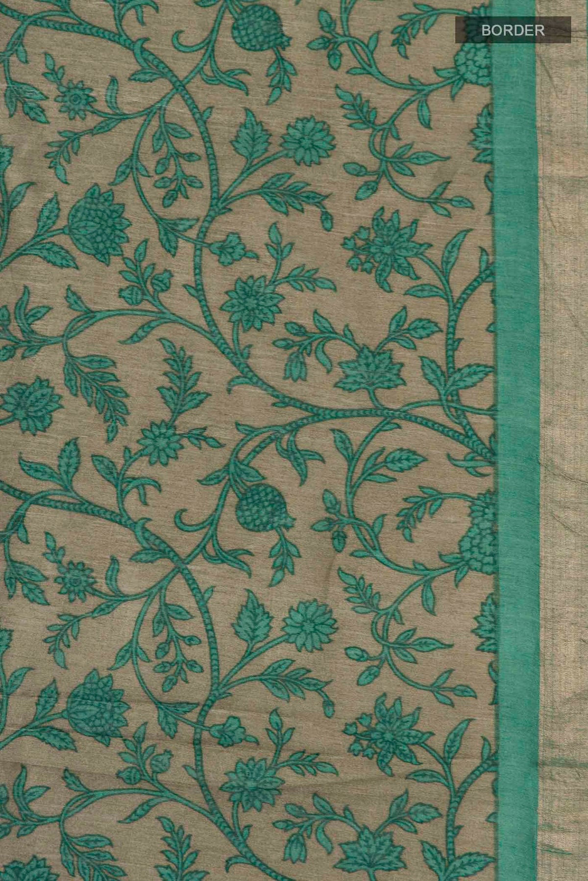 Border image of Green Tussar Silk Saree with Printed design on the body and Zari Border