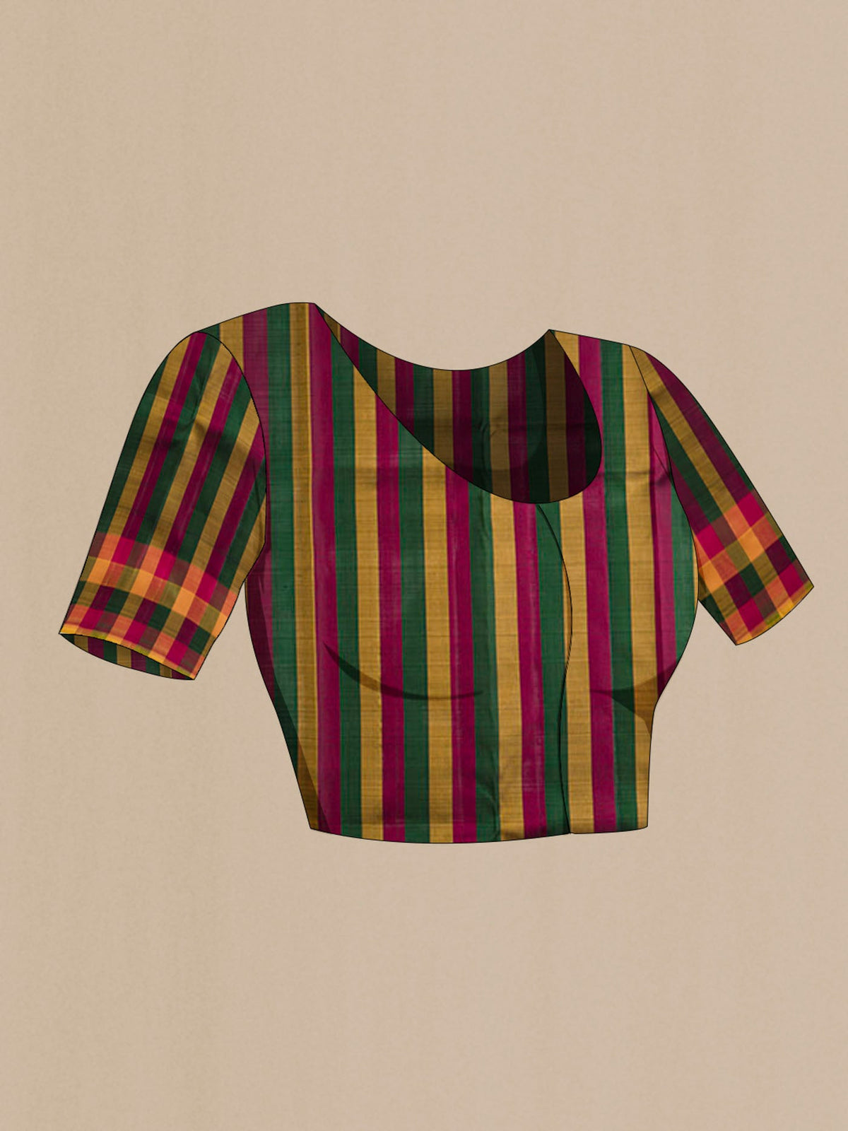 Close up image of the blouse of White Kanchipuram Silk Saree with Plain Body and Checks Border