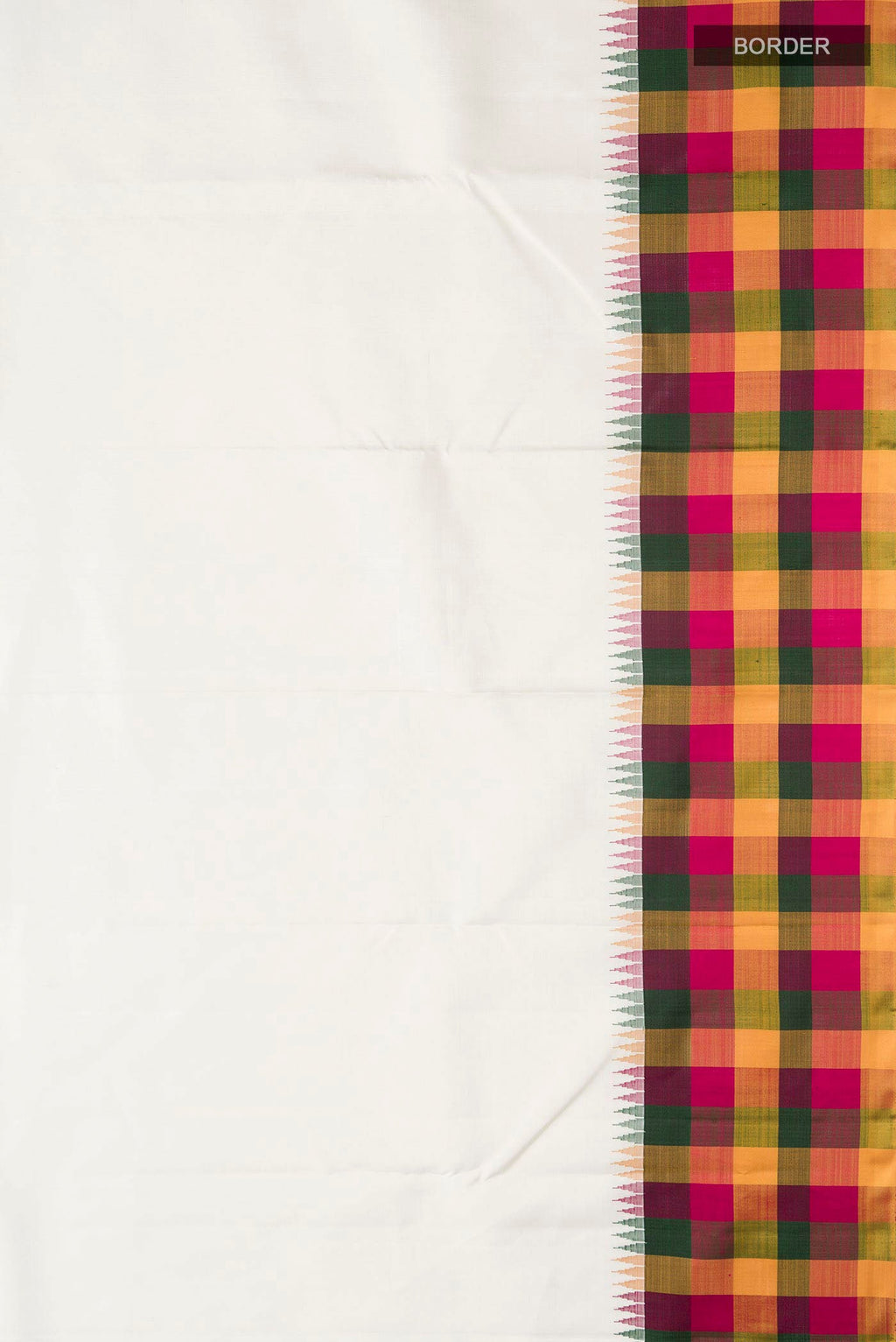 Border image of White Kanchipuram Silk Saree with Plain Body and Checks Border