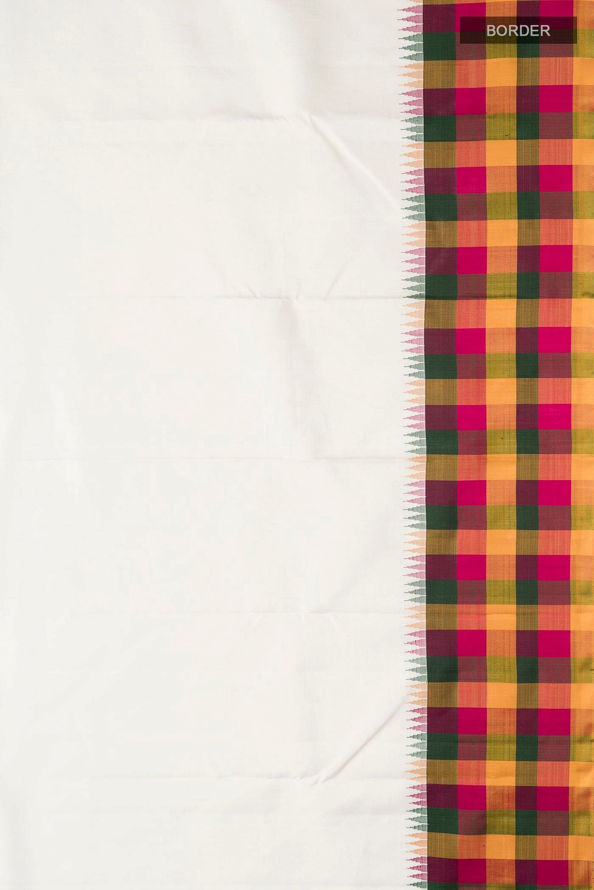 Border image of White Kanchipuram Silk Saree with Plain Body and Checks Border