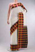 White Kanchipuram Silk Saree with Plain Body and Checks Border displayed on a mannequin
