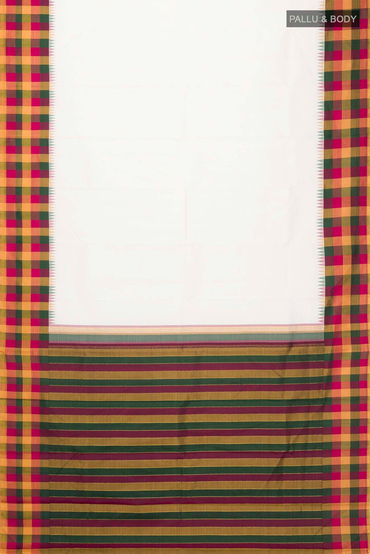 Flat view of White Kanchipuram Silk Saree with Plain Body and Checks Border