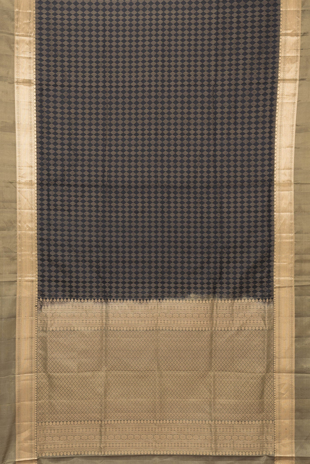 Flat view of Black Dual Tone Soft Silk Saree with Zari Brocade on the body and Zari Border. 