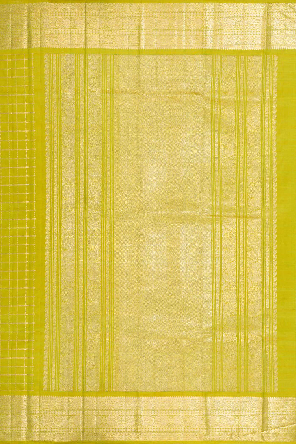 Close up image of the pallu of Parrot Green Kanchipuram Silk Saree with Checked design on the body and Zari Border