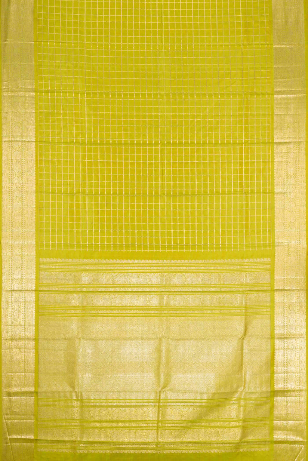Flat view of Parrot Green Kanchipuram Silk Saree with Checked design on the body and Zari Border
