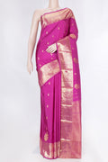 Magenta Dual Tone Kanchipuram Saree with Zari Butta on the body and Zari Border displayed on a mannequin