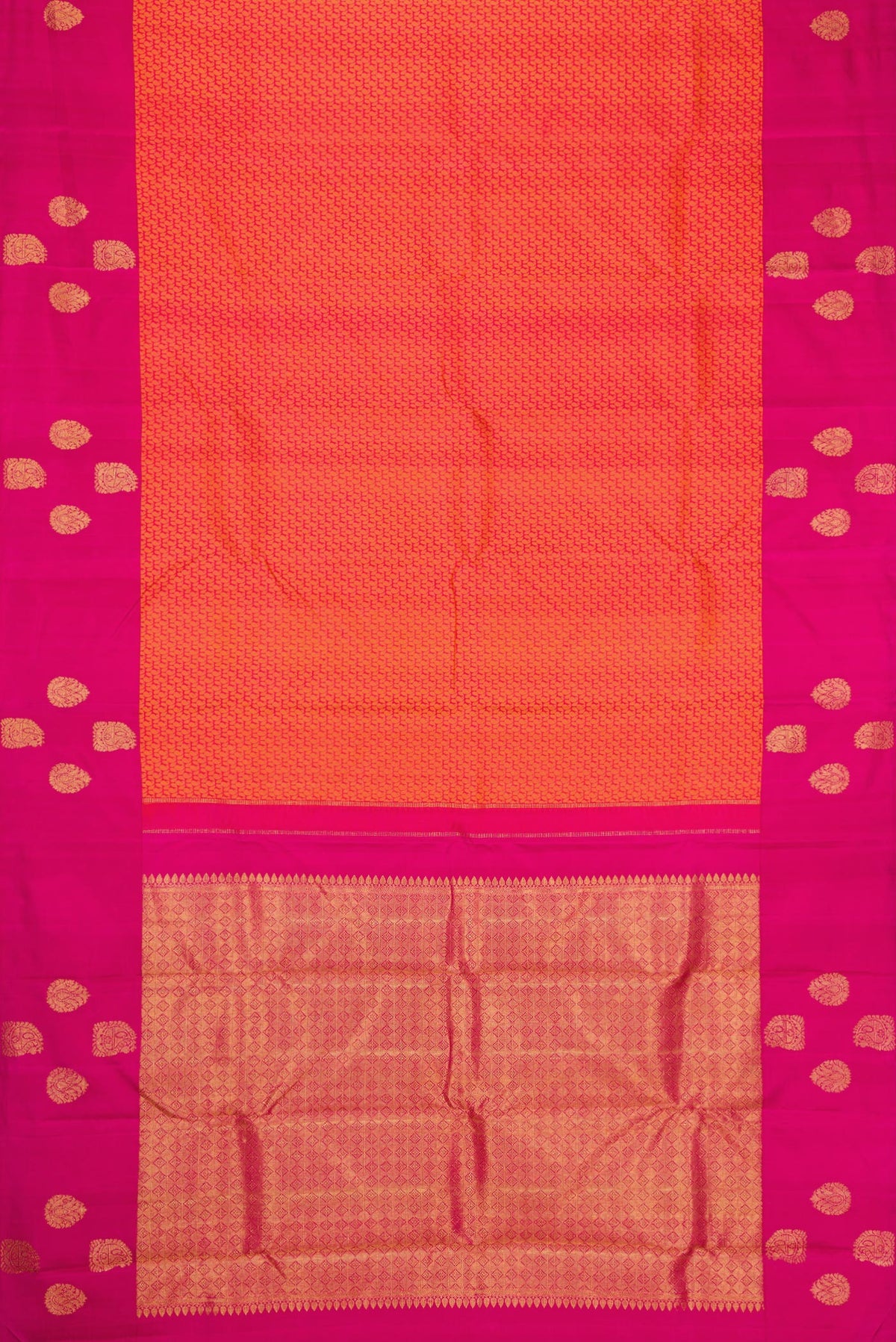 Flat view of Coral Dual Tone Kanjivaram Silk Saree with Jacquard design on the body and Fancy Border. 