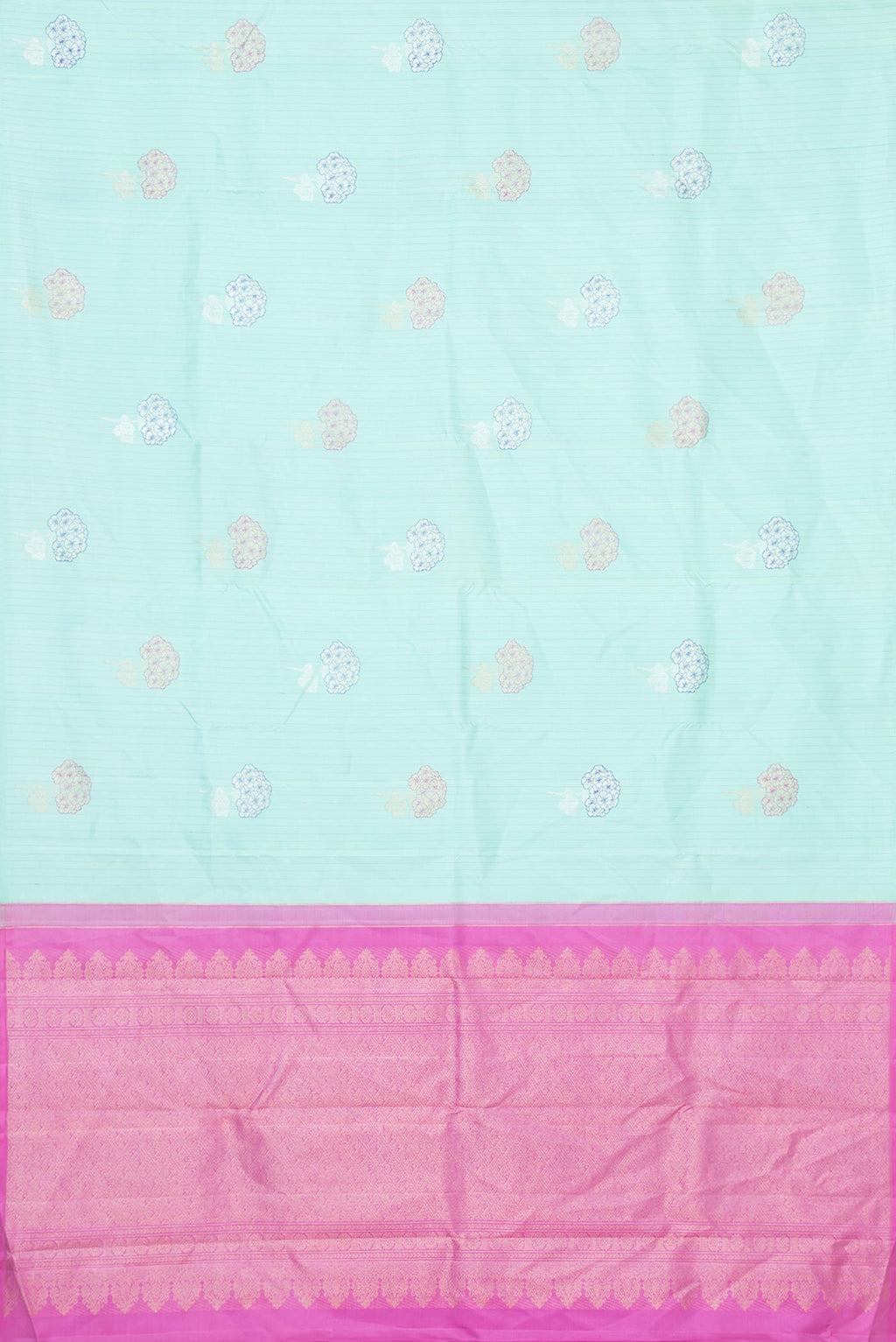 Flat view of Pure Silk Pure Zari Sea Green Dual Tone Kanchipuram Saree with Zari Butta on the body and Without Border