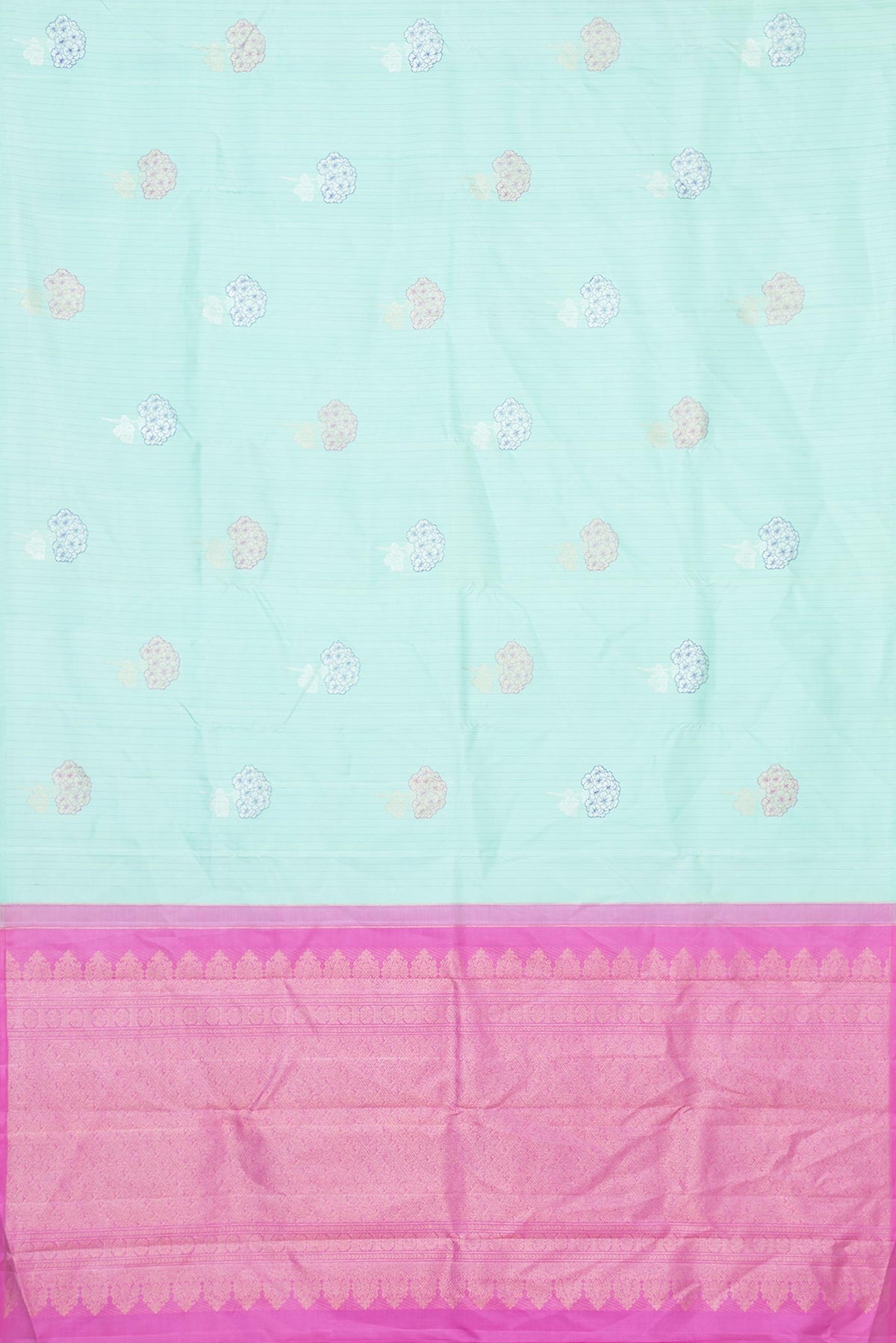 Flat view of Pure Silk Pure Zari Sea Green Dual Tone Kanchipuram Saree with Zari Butta on the body and Without Border
