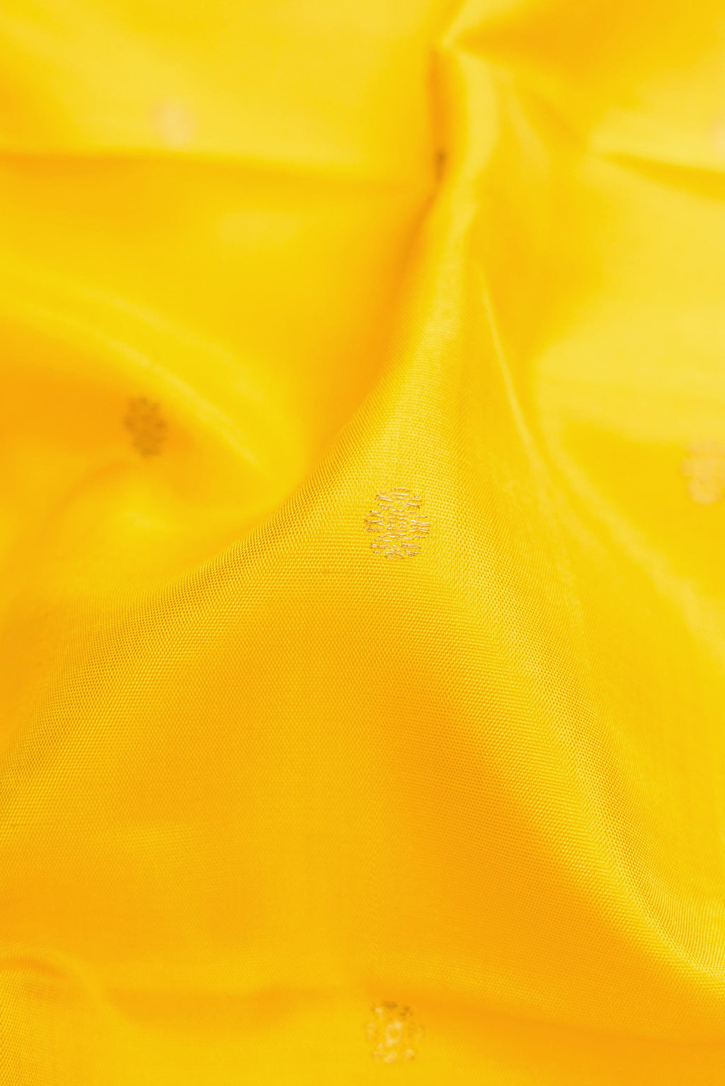 Close up of Yellow Dual Tone Kanjivaram Silk Saree with Zari Butta on the body and Zari Border.  displaying folds