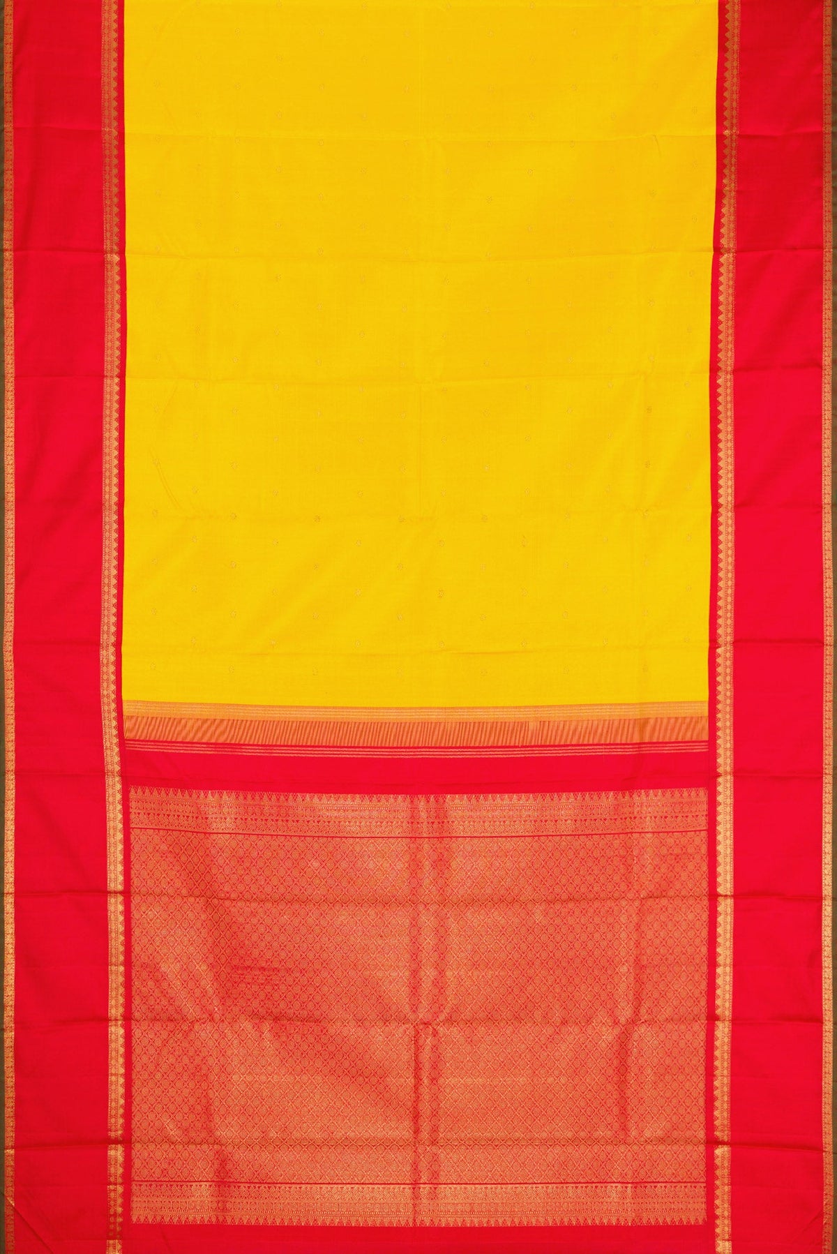Flat view of Yellow Dual Tone Kanjivaram Silk Saree with Zari Butta on the body and Zari Border. 