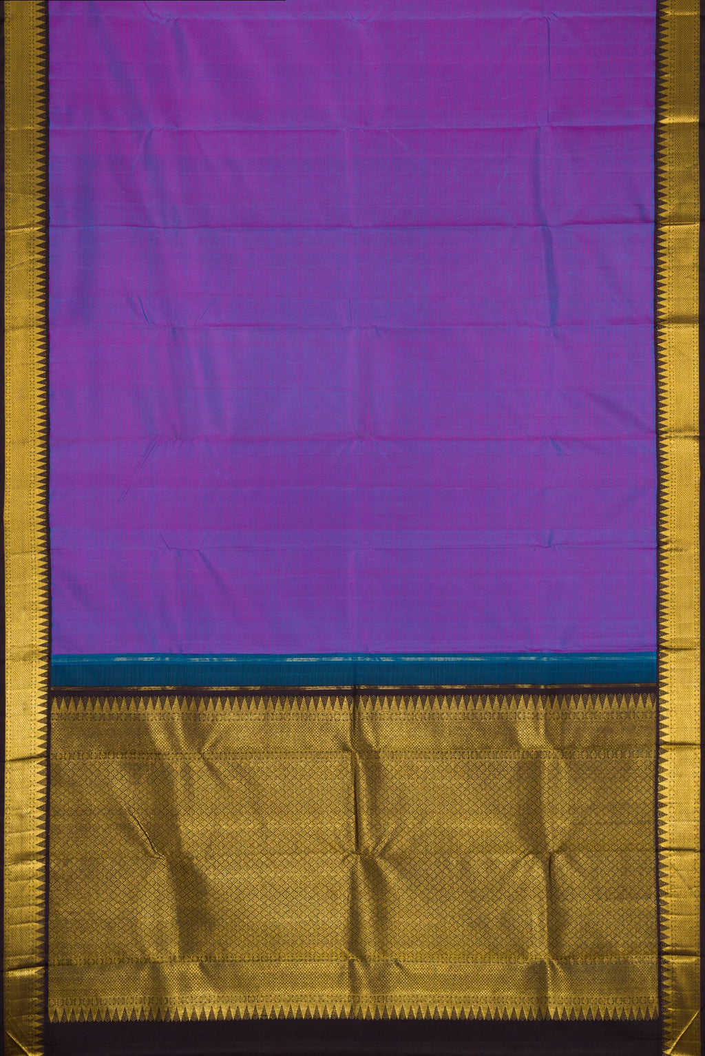 Flat view of Lavender Dual Tone Kanjivaram Silk Saree with Plain Body and Zari Border. 