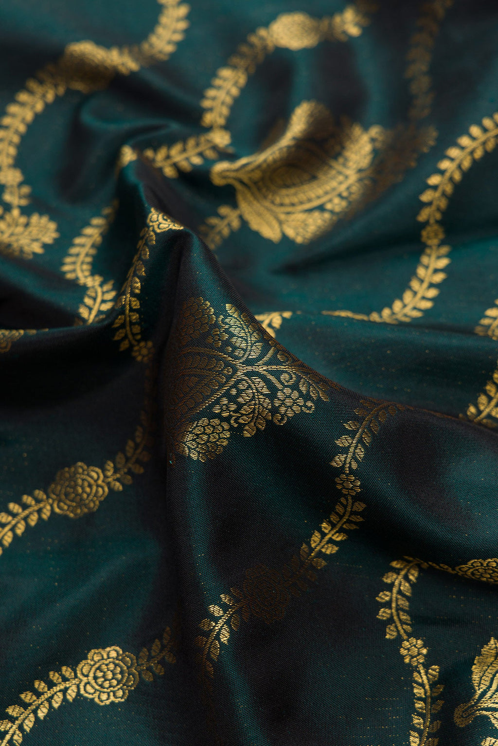 Close up of Bottle Green Dual Tone Kanjivaram Silk Saree with Zari Brocade on the body and Zari Border.  displaying folds