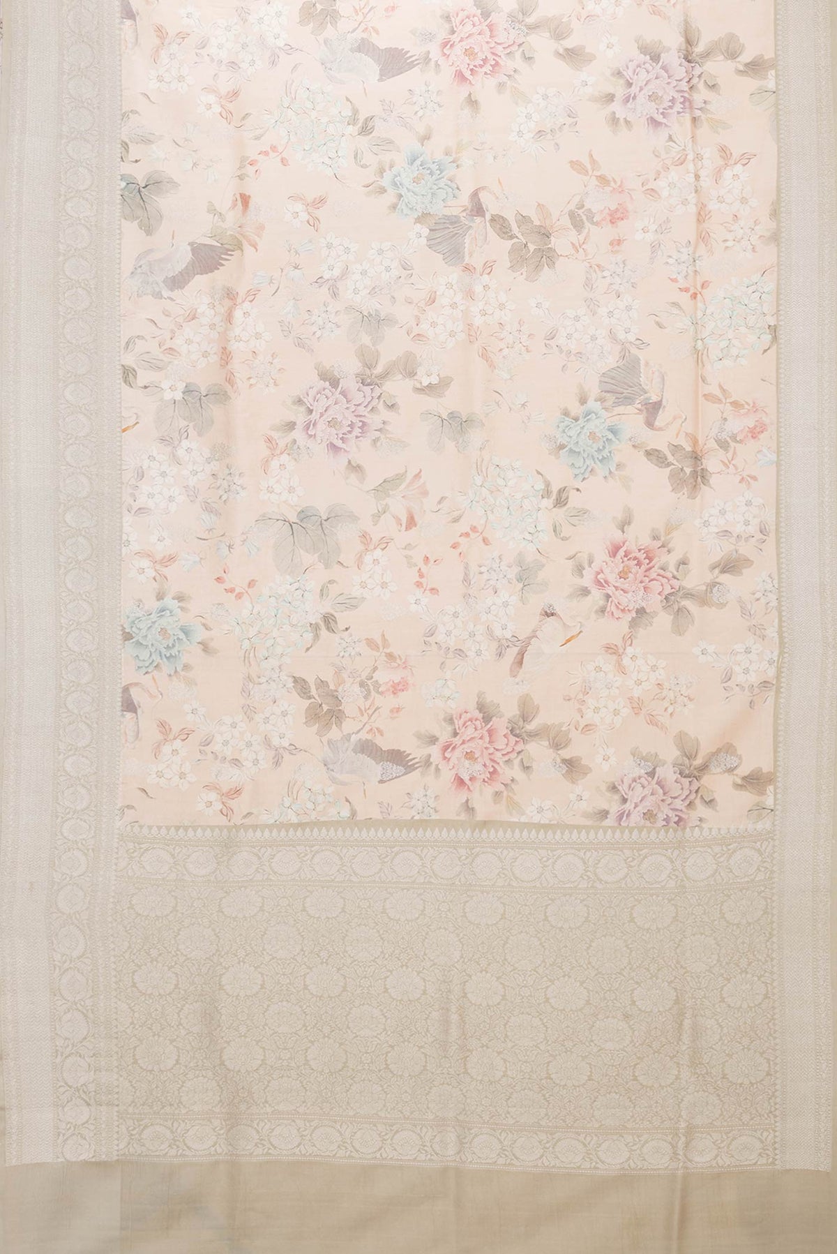 Flat view of Peach Dual Tone Tussar Saree with Zari Butta on the body and Zari Border. 