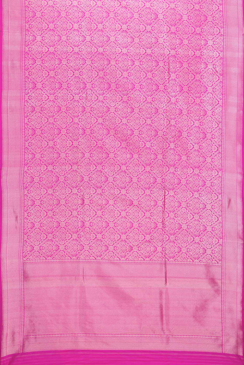 Flat view of Dark Pink Dual Tone Banarasi Silk Saree with Zari Brocade on the body and Zari Border. 