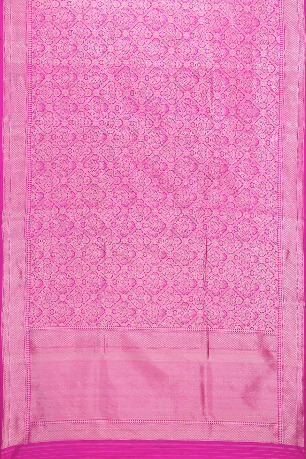 Flat view of Dark Pink Dual Tone Banarasi Silk Saree with Zari Brocade on the body and Zari Border. 