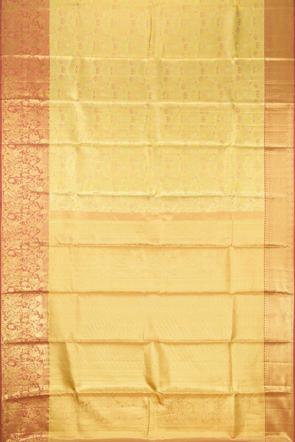 Flat view of Gold Dual Tone Kanchipuram Tissue Silk Saree with Zari Brocade on the body and Zari Border. 