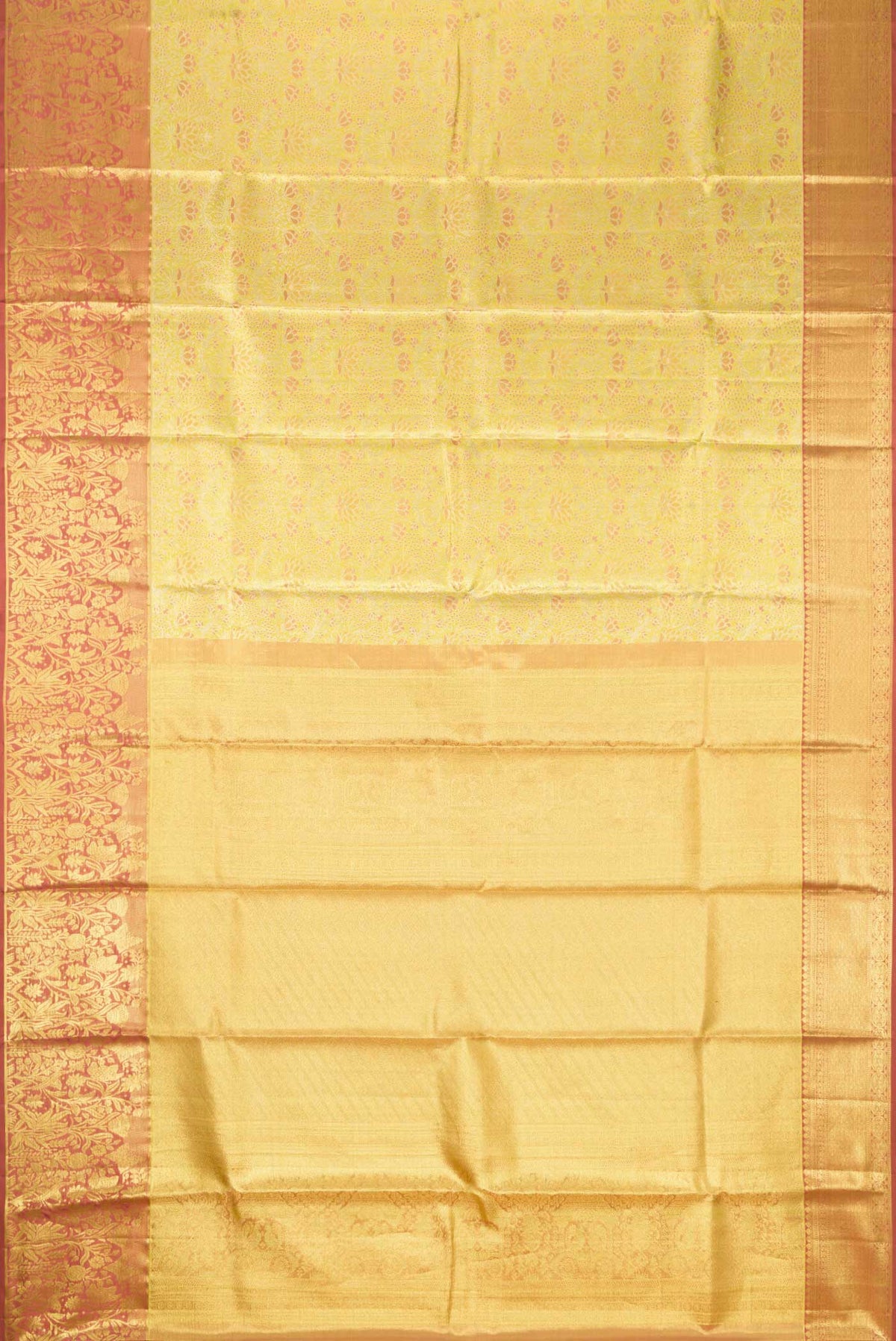 Flat view of Gold Dual Tone Kanchipuram Tissue Silk Saree with Zari Brocade on the body and Zari Border. 
