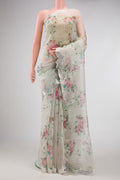 Off White Dual Tone Organza Silk Saree with Printed design on the body and Embroidery Border.  displayed on a mannequin