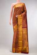 Maroon Dual Tone Kanjivaram Silk Saree with Zari Brocade on the body and Zari Border.  displayed on a mannequin