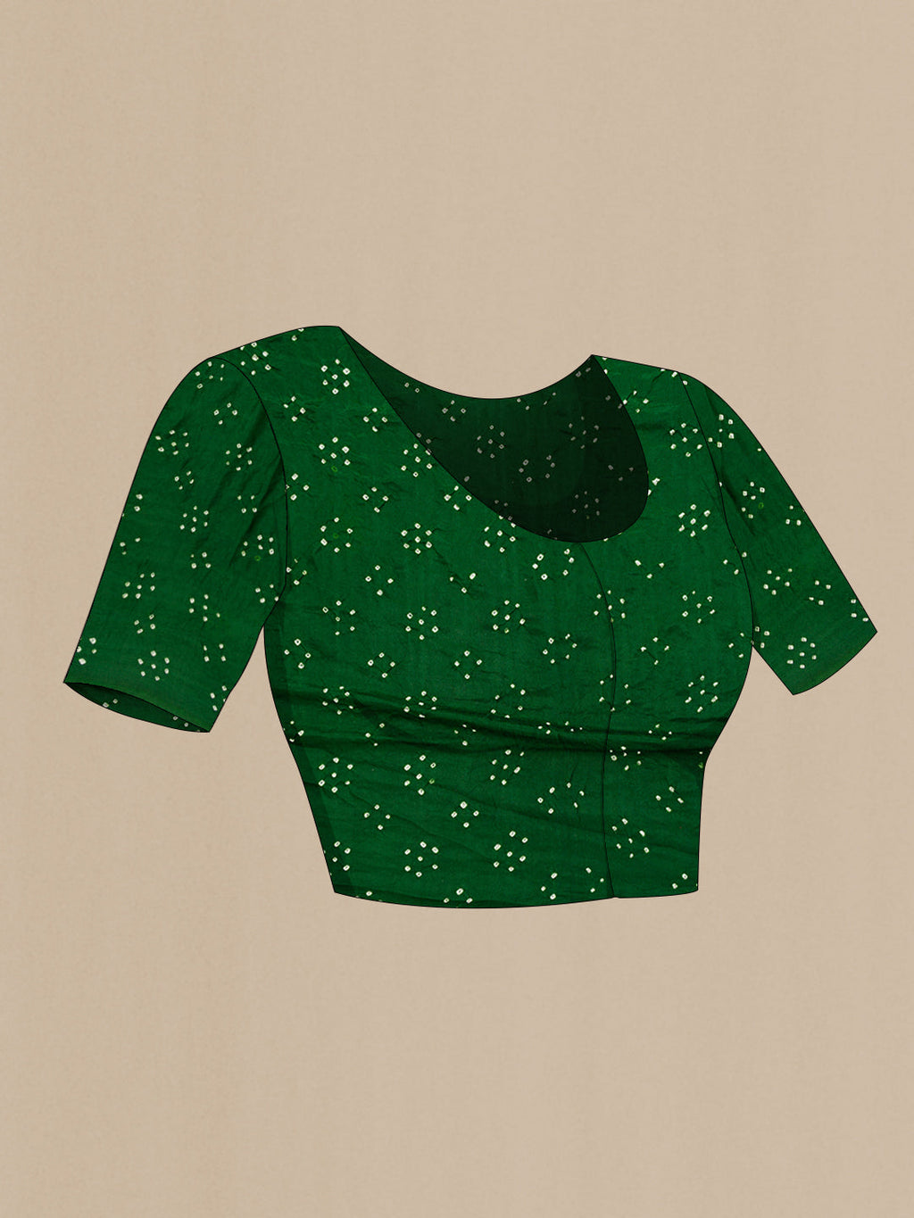Close up image of the blouse of Bottle Green Dual Tone Bandhani Silk Saree with Printed design on the body and Printed Border. 