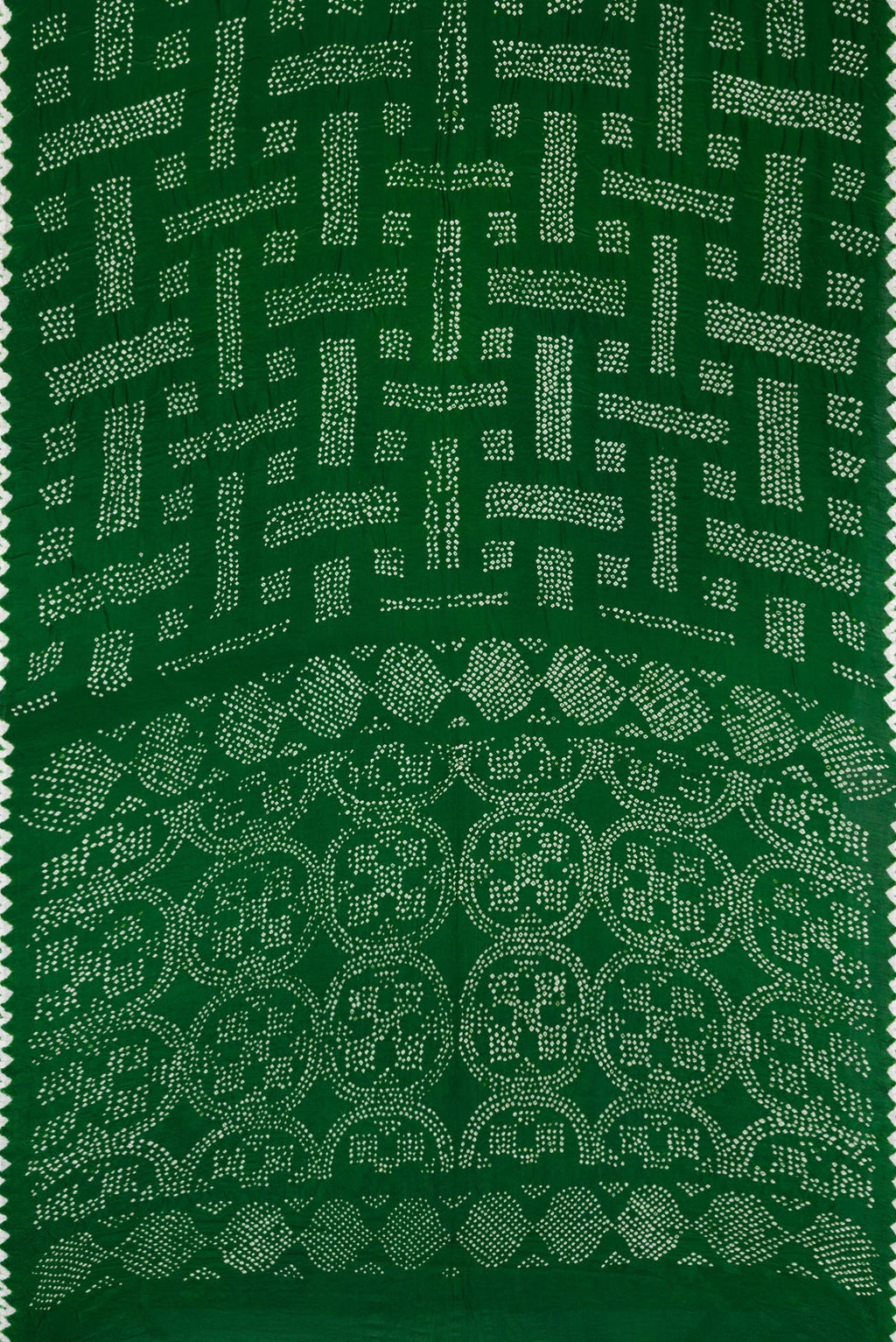 Flat view of Bottle Green Dual Tone Bandhani Silk Saree with Printed design on the body and Printed Border. 