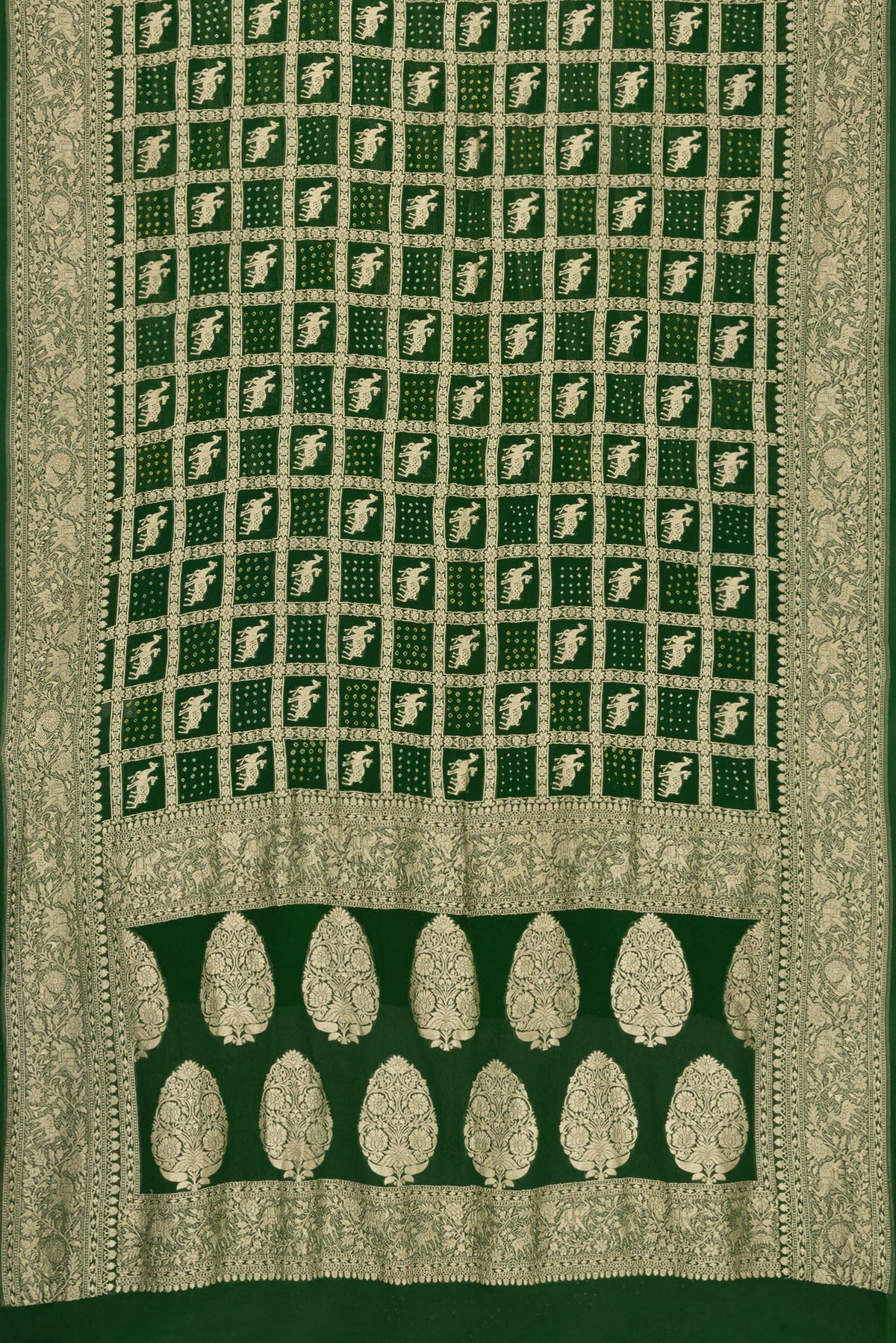 Flat view of Bottle Green Dual Tone Banarasi Georgette Saree with Zari Brocade on the body and Zari Border. 