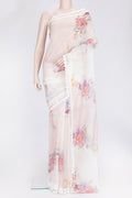 Golden Peach Dual Tone Organza Silk Saree with Printed design on the body and Embroidery Border.  displayed on a mannequin