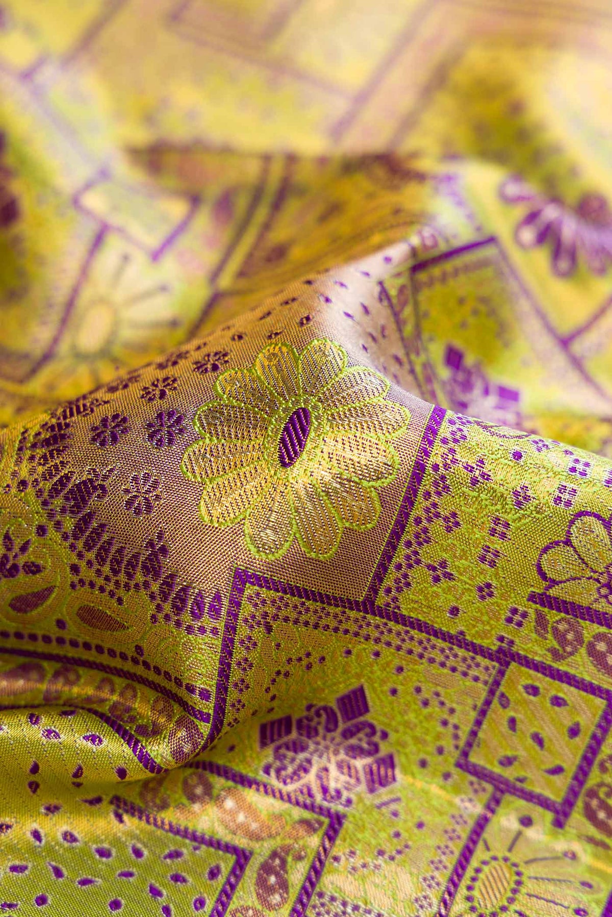 Close up of Green Dual Tone Kanchipuram Tissue Silk Saree with Zari Brocade on the body and Zari Border.  displaying folds