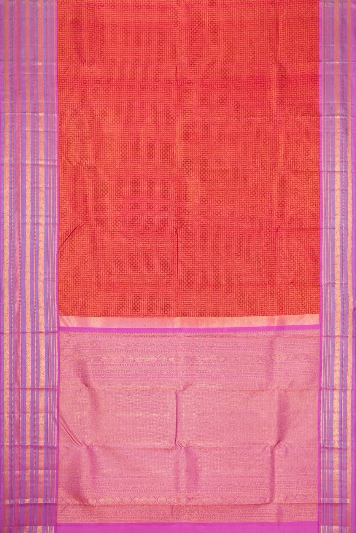 Flat view of Red Dual Tone Kanjivaram Silk Saree with Zari Brocade on the body and Zari Border. 