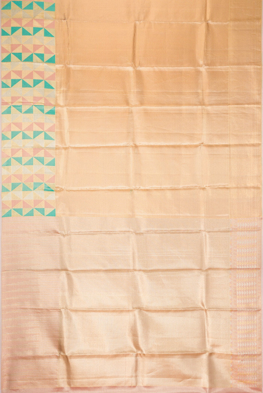Flat view of Gold Dual Tone Kanjivaram Tissue Silk Saree with Zari Brocade on the body and Fancy Border. 