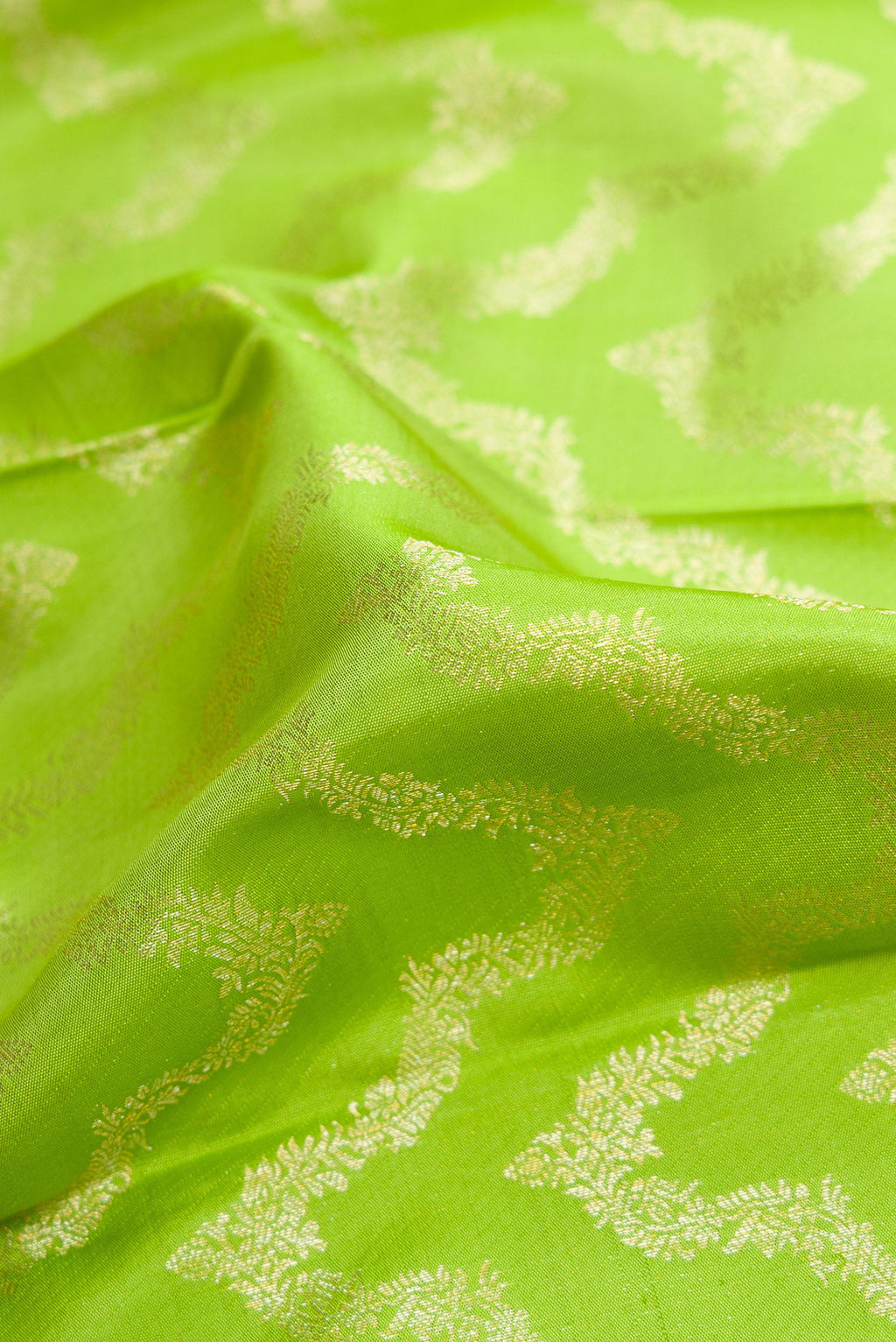 Close up of Parrot Green Dual Tone Kanjivaram Silk Saree with Zari Brocade on the body and Zari Border.  displaying folds