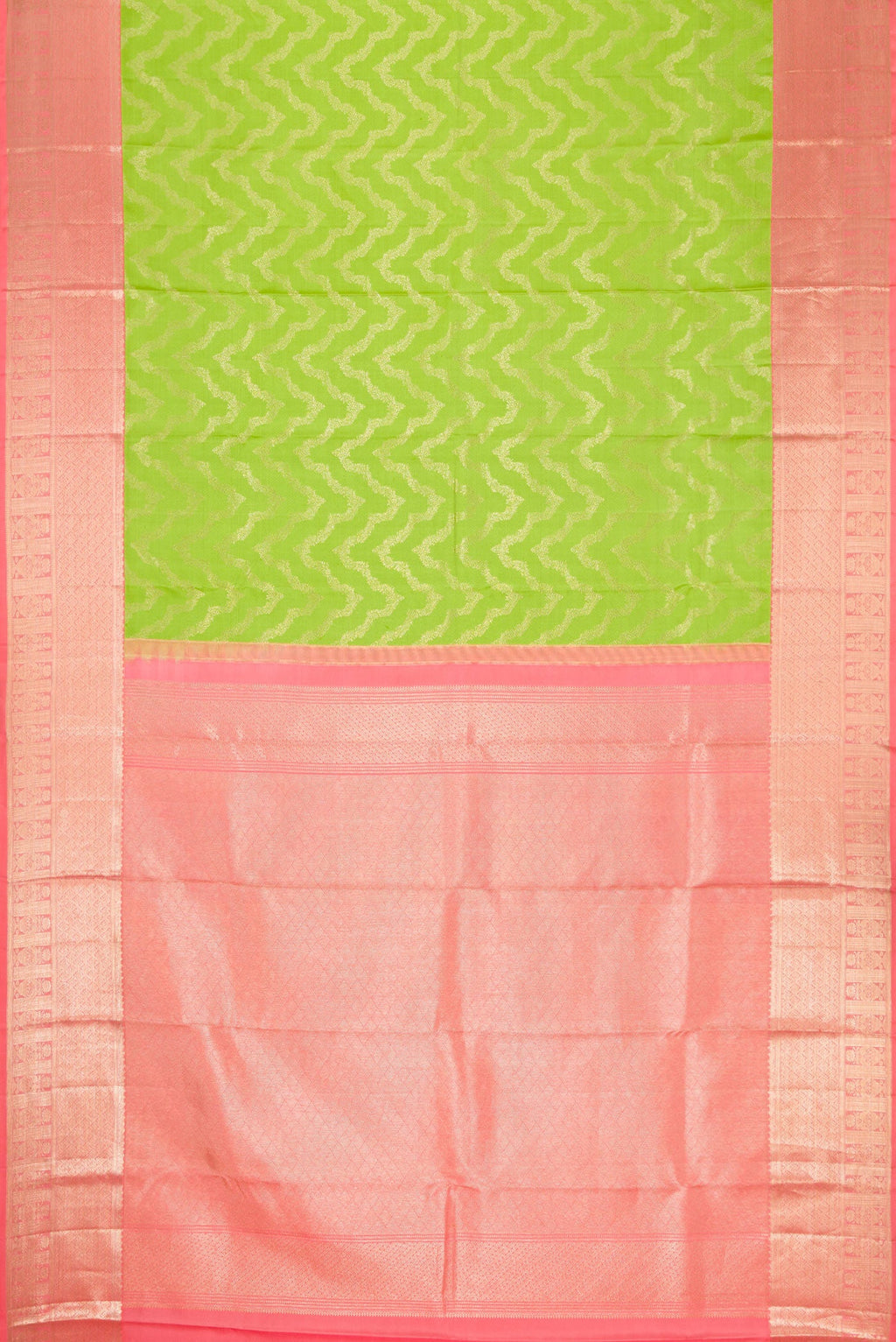 Flat view of Parrot Green Dual Tone Kanjivaram Silk Saree with Zari Brocade on the body and Zari Border. 