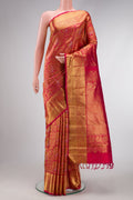 Pure Silk Pure Zari Dark Pink Dual Tone Kanjivaram Saree with Zari Brocade on the body and Zari Border.  displayed on a mannequin