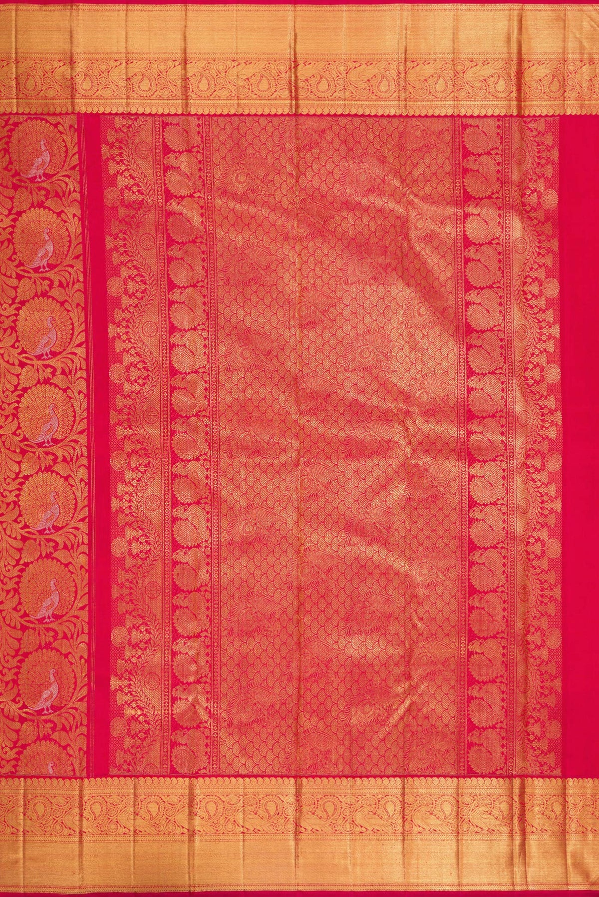 Close up image of the pallu of Pure Silk Pure Zari Dark Pink Dual Tone Kanjivaram Saree with Zari Brocade on the body and Zari Border. 