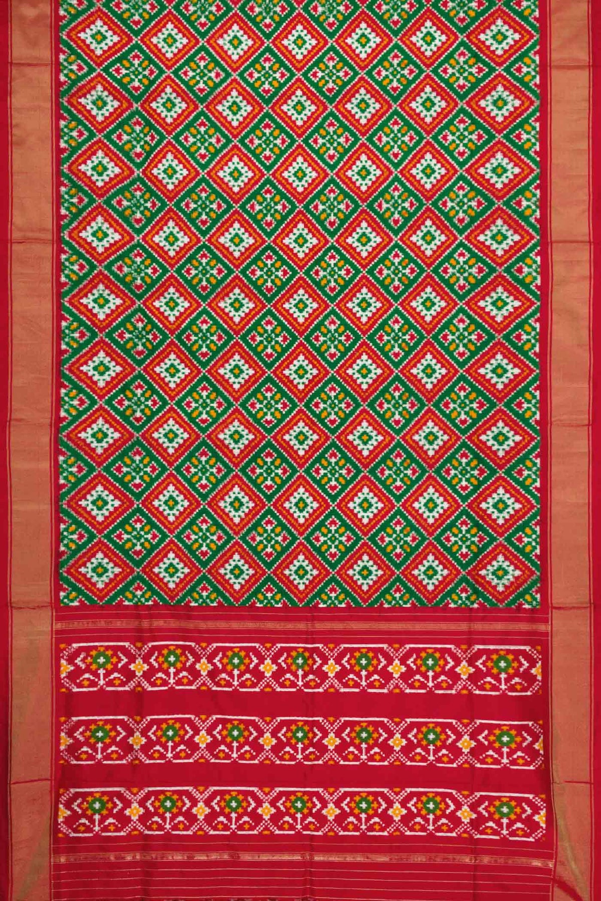 Flat view of Green Pochampally Silk Saree with Pure Ikat on the body and Zari Border