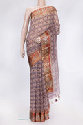 Purple and Beige Color Organza Silk Saree with Printed design on the body and Printed Border.  displayed on a mannequin