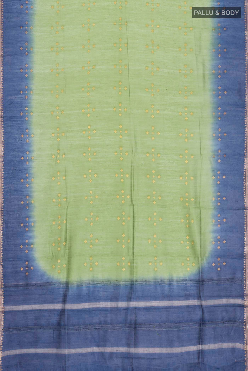 Flat view of Green Tussar Silk Saree with Zari Butta on the body and Zari Border