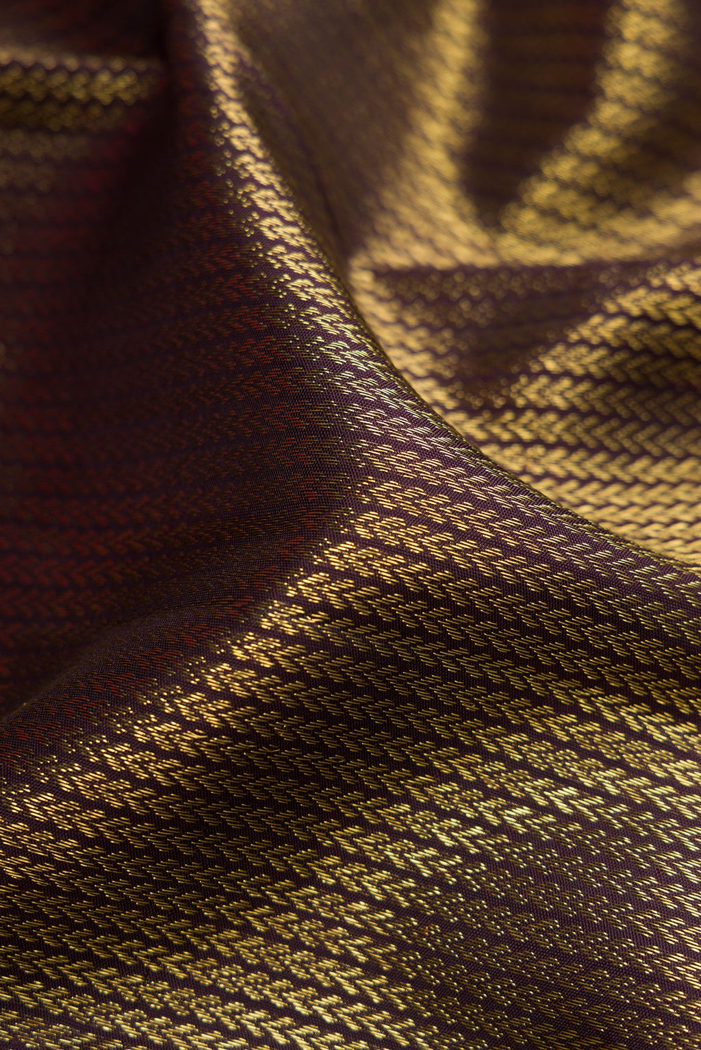 Close up of Coffee Brown Dual Tone Kanchipuram Silk Saree with Zari Brocade on the body and Zari Border.  displaying folds