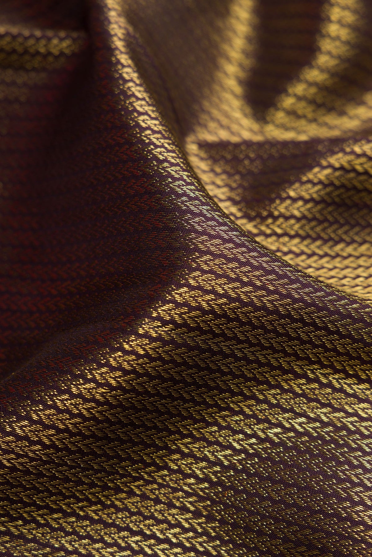 Close up of Coffee Brown Dual Tone Kanchipuram Silk Saree with Zari Brocade on the body and Zari Border.  displaying folds