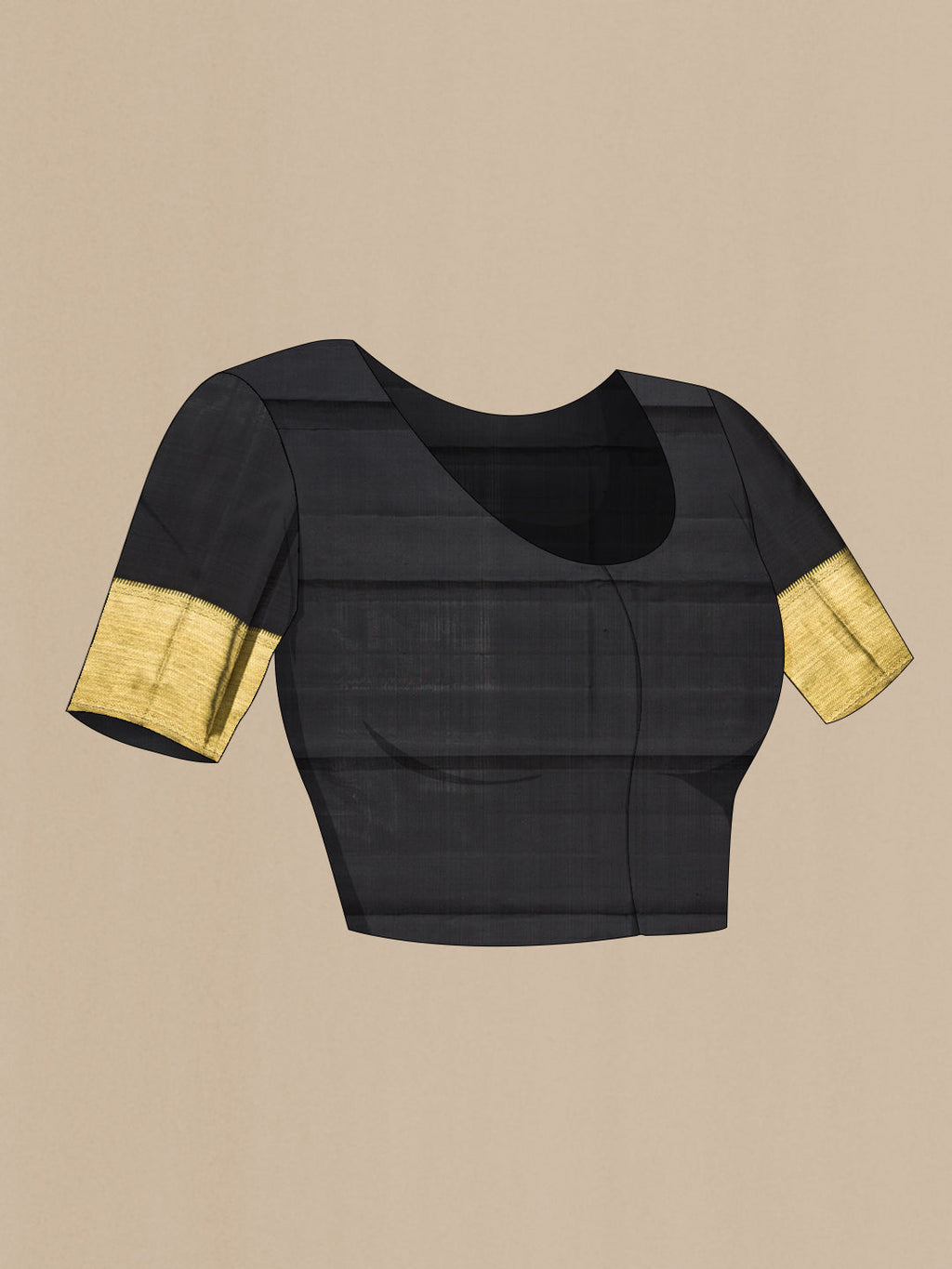 Close up image of the blouse of Black Kanchipuram Silk Saree with Zari Brocade on the body and Zari Border. 