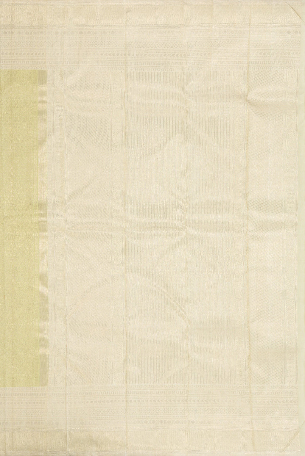 Close up image of the pallu of Pista Green Dual Tone Kanchipuram Silk Saree with Zari Brocade on the body and Zari Border. 