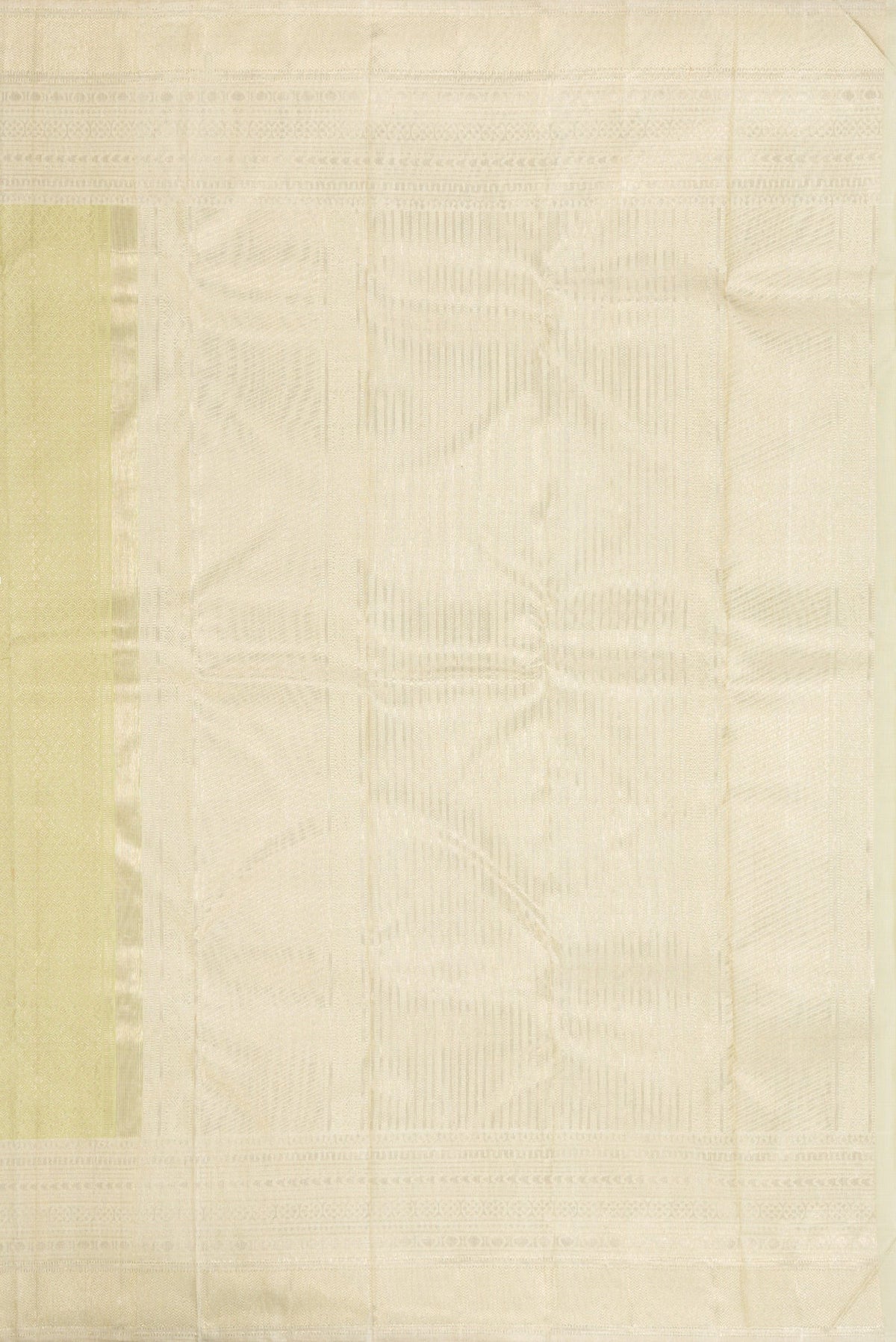 Close up image of the pallu of Pista Green Dual Tone Kanchipuram Silk Saree with Zari Brocade on the body and Zari Border. 
