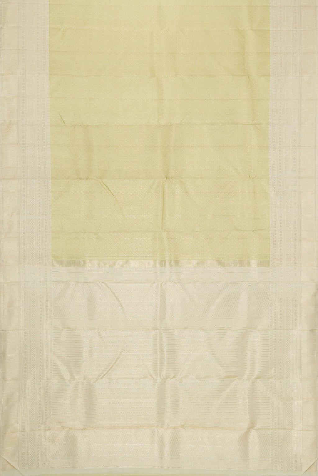 Flat view of Pista Green Dual Tone Kanchipuram Silk Saree with Zari Brocade on the body and Zari Border. 