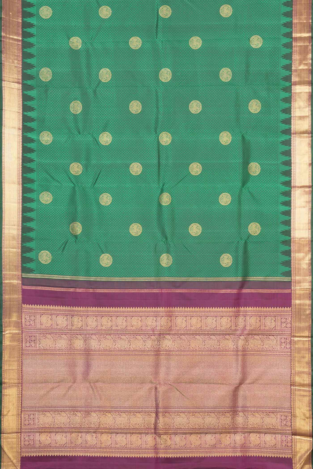 Flat view of Pure Silk Pure Zari Green Dual Tone Kanchipuram Saree with Jacquard With Zari Butta on the body and Zari Border