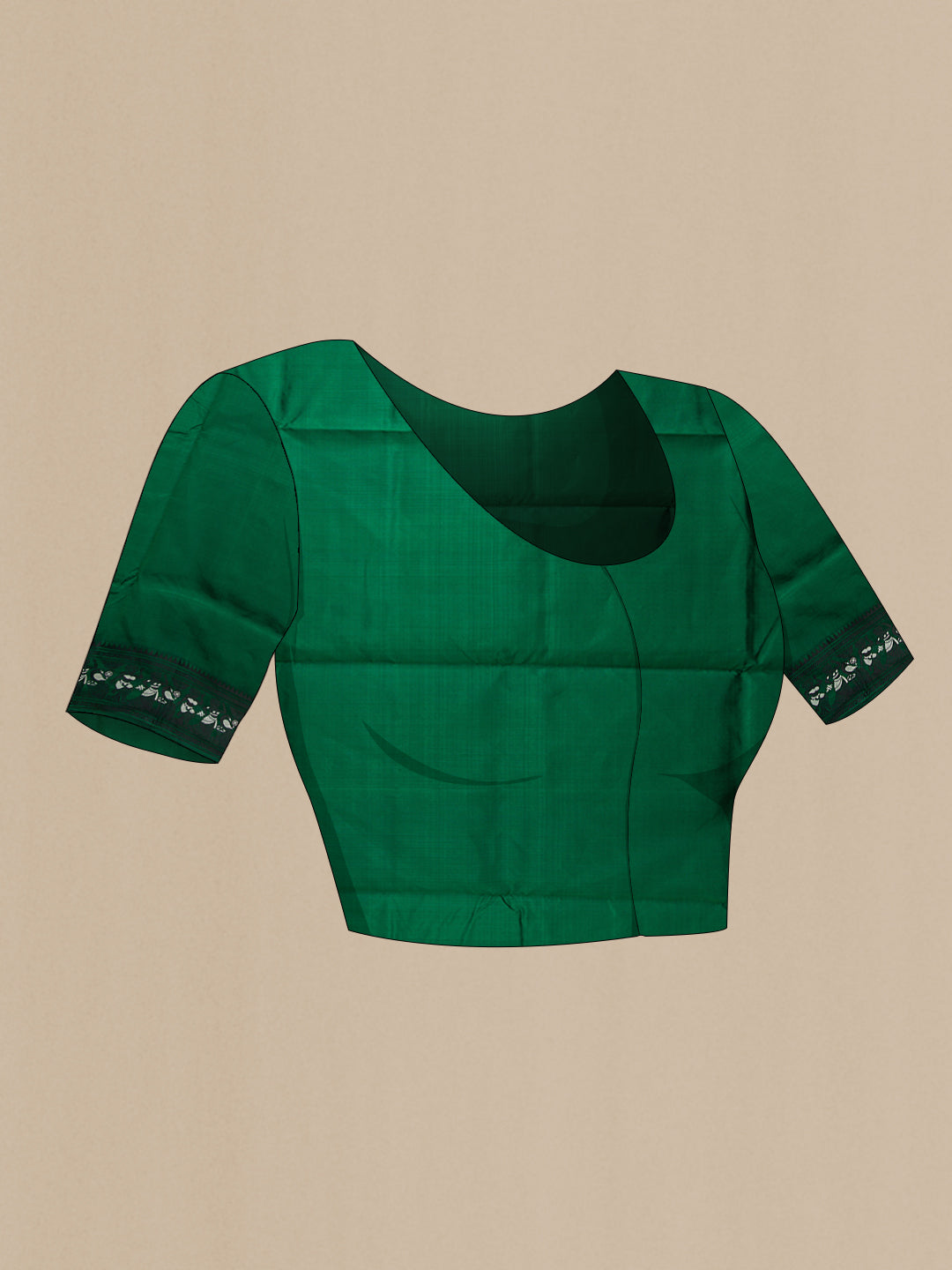 Close up image of the blouse of Bottle Green Baluchari Silk Saree with Thread Butta on the body and Thread Border. 