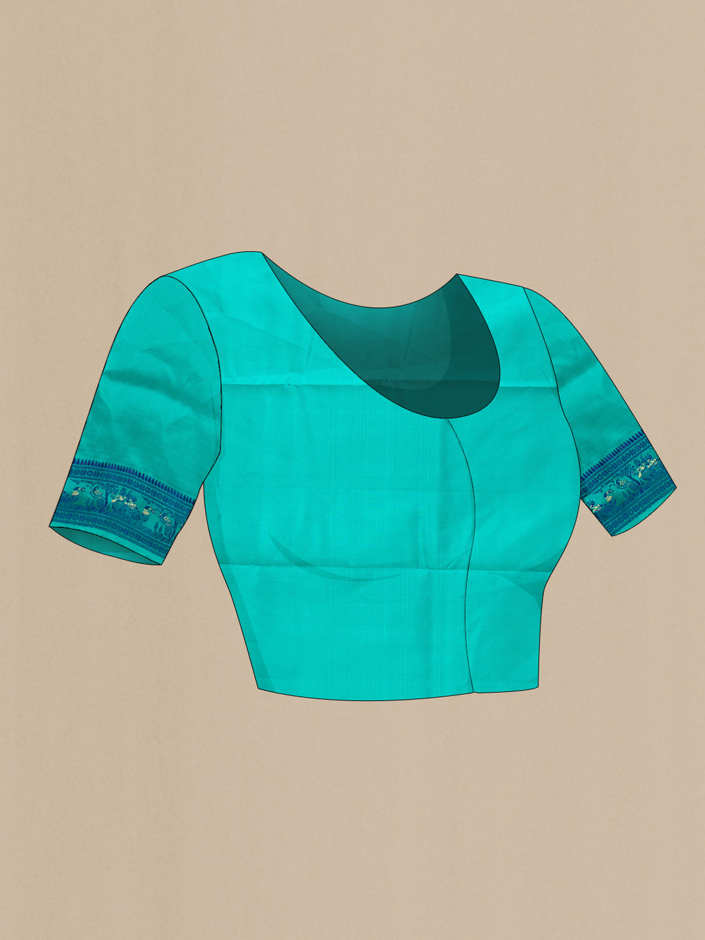 Close up image of the blouse of Turquoise Baluchari Silk Saree with Thread Butta on the body and Thread Border. 