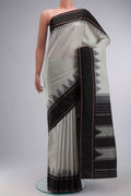 Grey Kanchipuram Silk Saree with Plain Body and Temple Border displayed on a mannequin